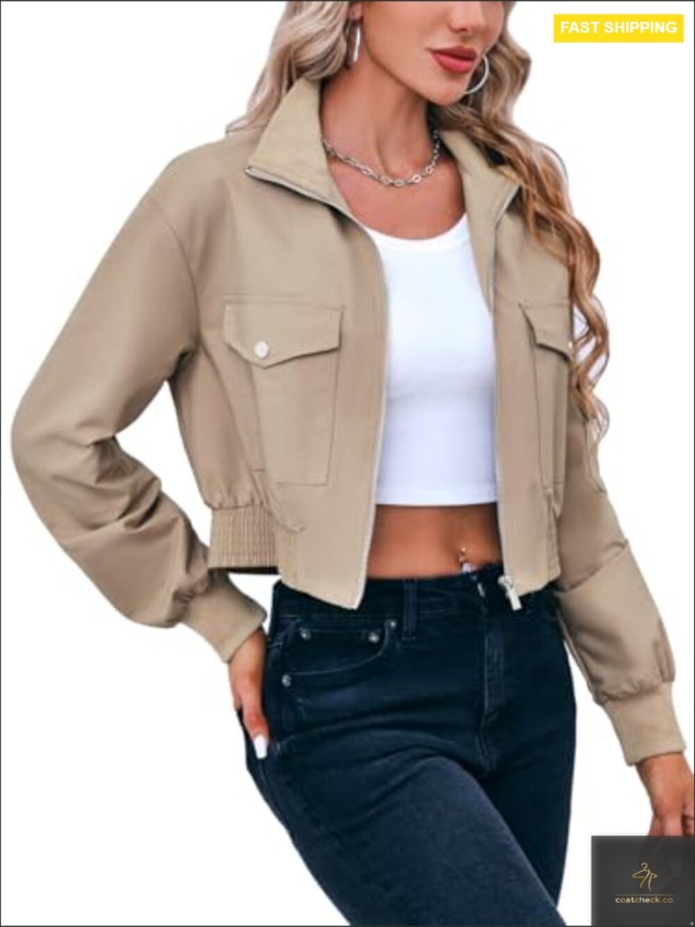 Cropped Bomber Jacket Lightweight Zip Up Stand Collar Casual Streetwear Chic - Picture 5 of 7